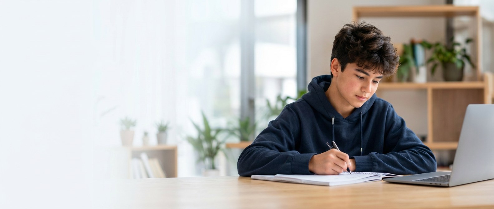 Student practising maths at home with a notebook and laptop